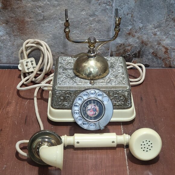 Vintage French Victorian Style Cream & Gold Rotary Dial Cradle Phone Desk Teleph - Picture 6 of 15